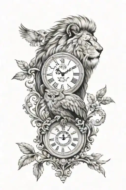 Lion And Owl Tatoo With A Clock Face
