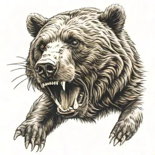 Growling Brown Bear With Artillery Shell In Mouth Open