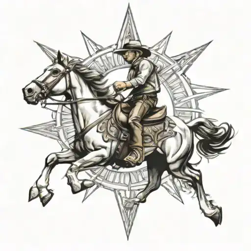 Compass Rose Cowboy Riding A Horse