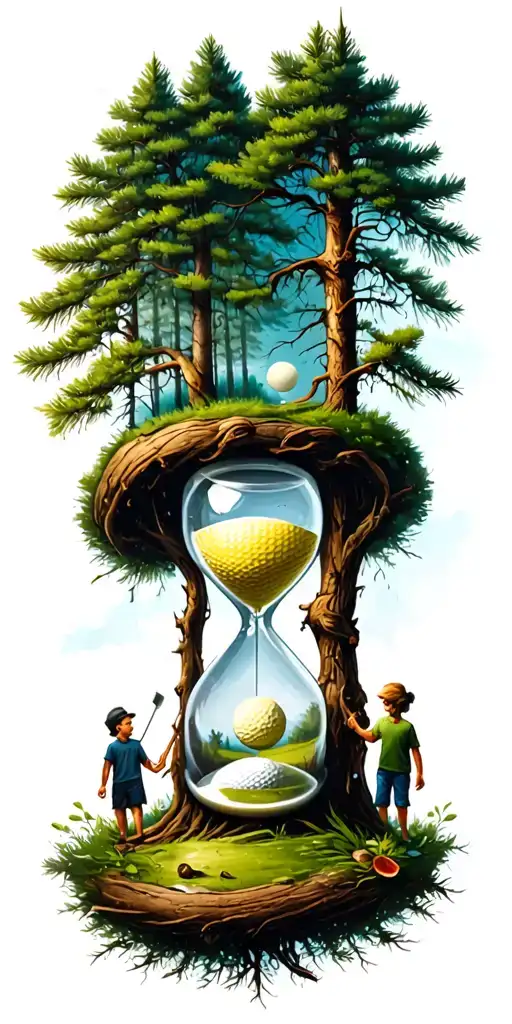 Pine Forest Wrap Around And Family Tree And Hour Glass Father With 3 Kids And Golf