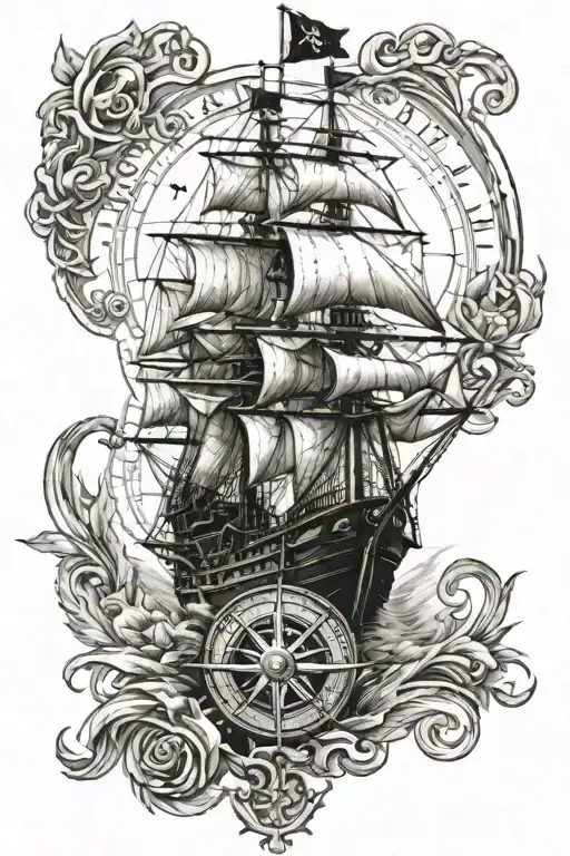 Pirate Ship And Compass Rose