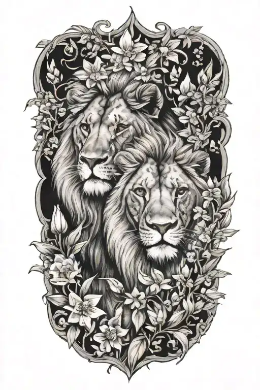 Male And Female Lion In Love Inside Surrounded By Larkspur And Narcissus Flowers