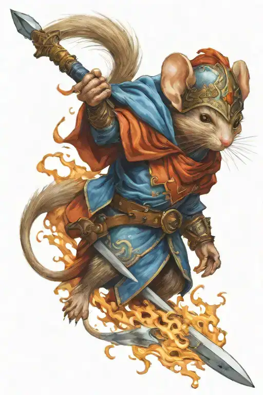 A Fierce Warrior Mouse Wielding A Fiery Sword And Blue Shield In Battle