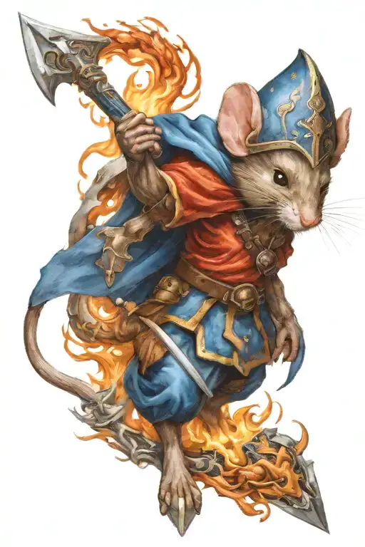 A Fierce Warrior Mouse Wielding A Fiery Sword And Blue Shield In Battle