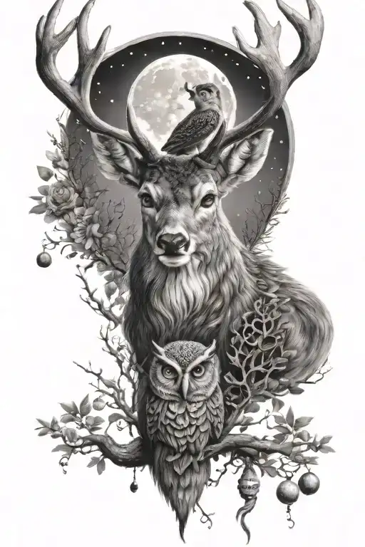 Deer Head In Front With Owl Perched On A Branch And Moon Phases On The Top
