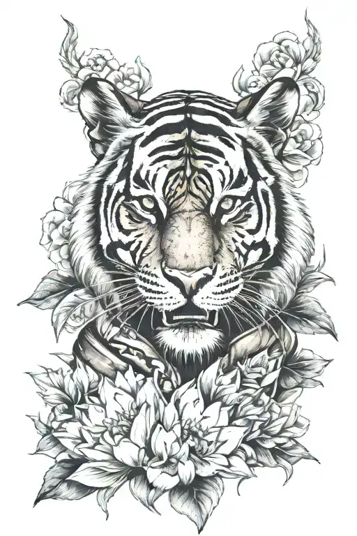 Tiger Head With Samurai Helmet And A Lotus Flower Underneath