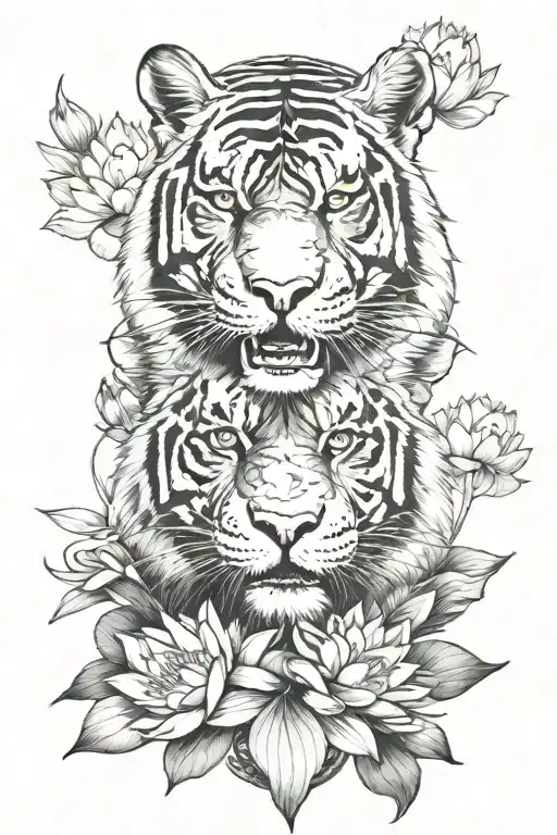 Tiger Head With A Samurai Helmet And A Lotus Flower Underneath