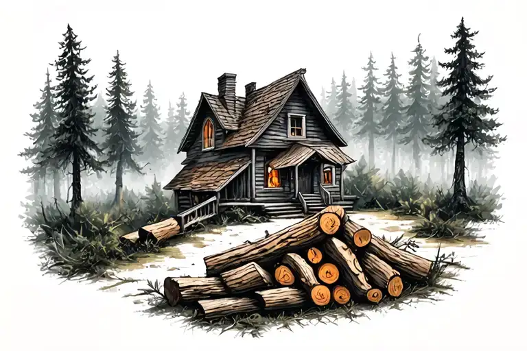 House In The Forest With A Stack Of Firewood In The Foreground