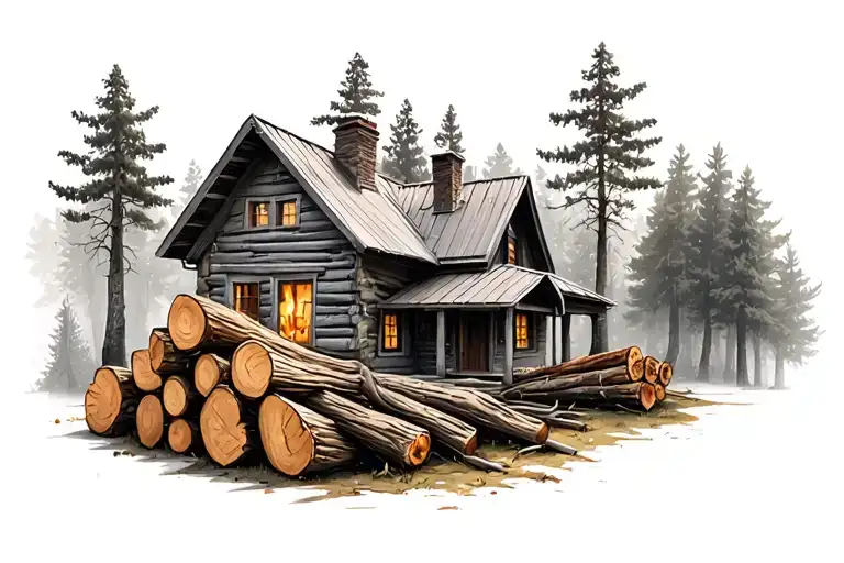 House In The Forest With A Stack Of Firewood In The Foreground