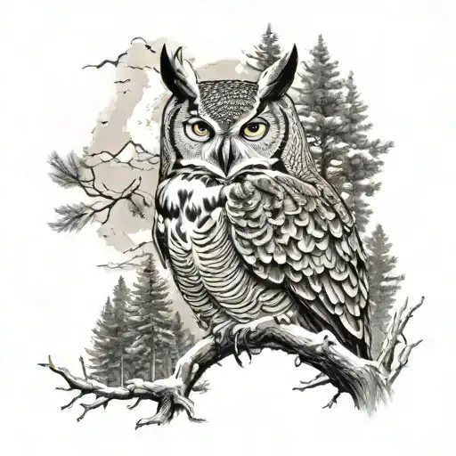 Great Horned Owl Fading Into Trees And Mountains