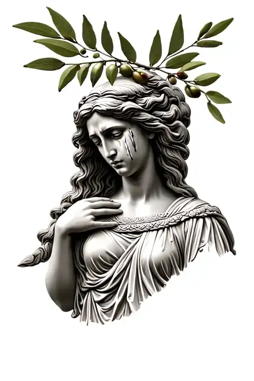 Ellos Greek Goddess Crying Full Body Standing With Olive Branch Clothed Background Flow