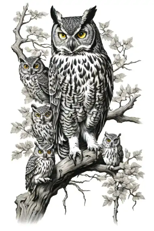 Great Horned Owl Fading Into Trees And Mountains With Tree Bear Cubs
