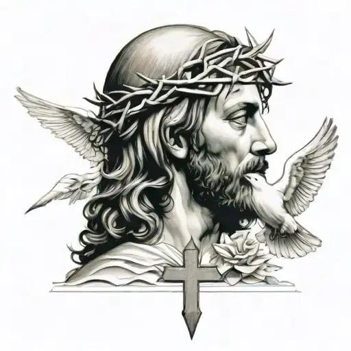 Jesus Head Next To Cross And A White Pigeon Flying