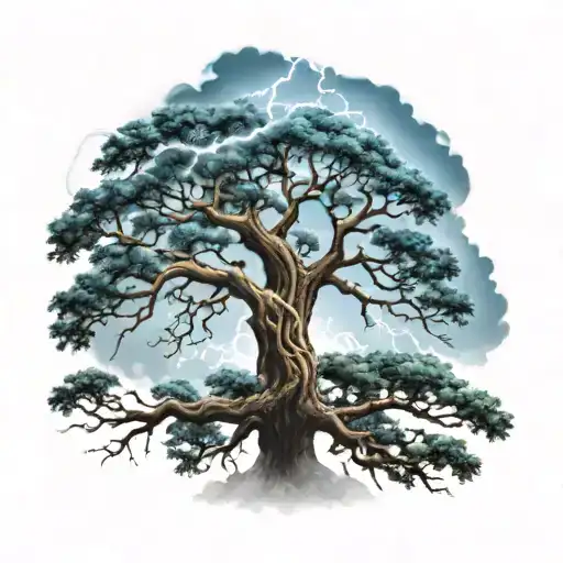 Tree Life And Lighting Storm Colour Light Blue And White
