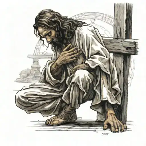 Jesus Praying On His Knees Infront Of A Big Cross