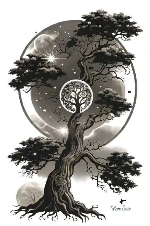Tree Of Life Yggdrasil Moon Sun Stars Universe Child