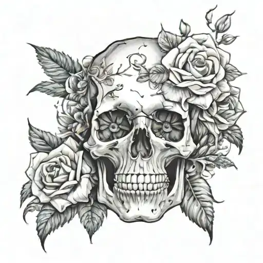 Skull And Flower Growing Inside Surrounded