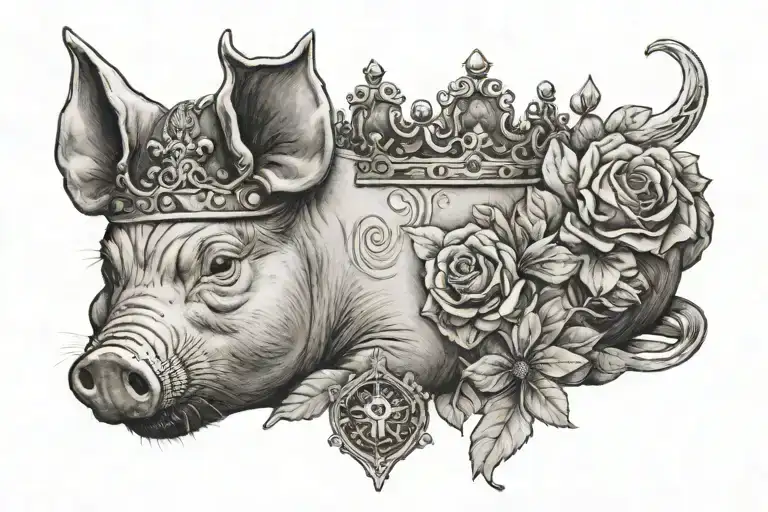 Submissive Tattoo Featuring Crown Above Pig Sleeping
