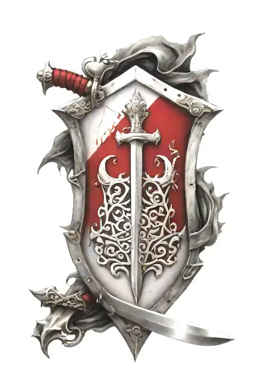 Red And White Shield With Sword