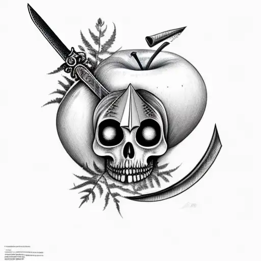 Sword Stabbed Through Apple With A Face With Fern Wrapping Around