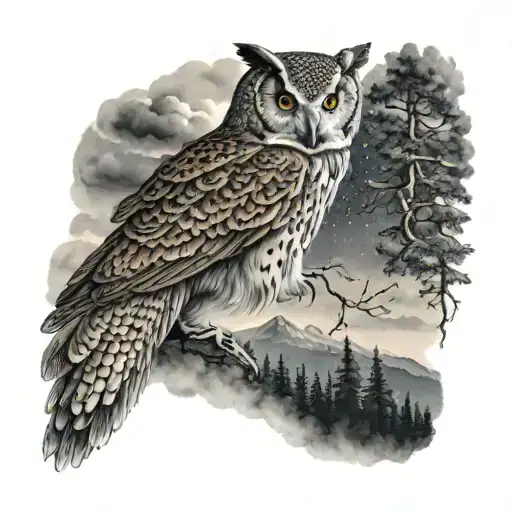 Owl Flying And Forrest Mountain Night