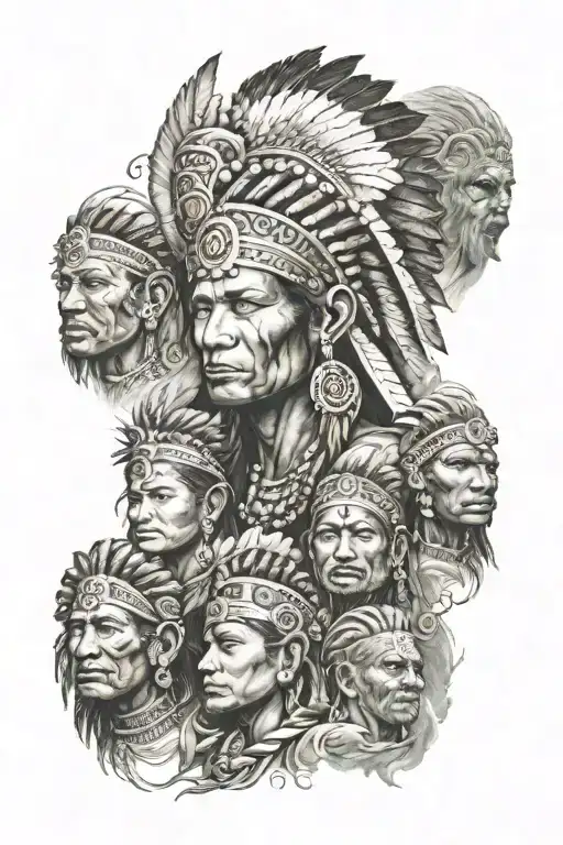 One Indian Of The Ancient America Surrounded By 6 Baby Angles