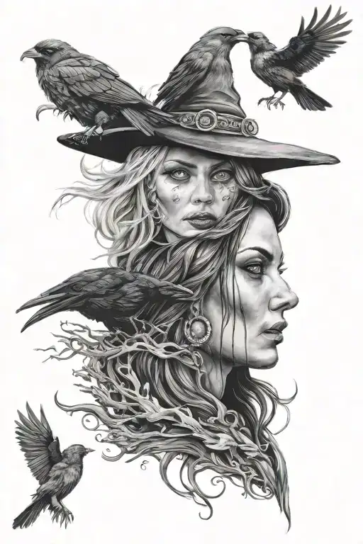 Face Of A Witch And The Head Of A Crow Below Her Face