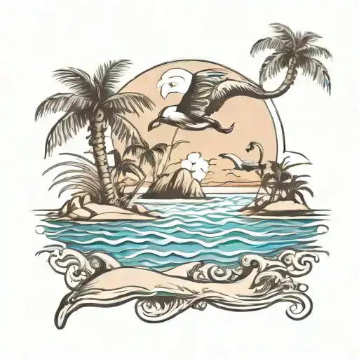 Beach Palm Trees Flamingo And A Dolphin Swimming