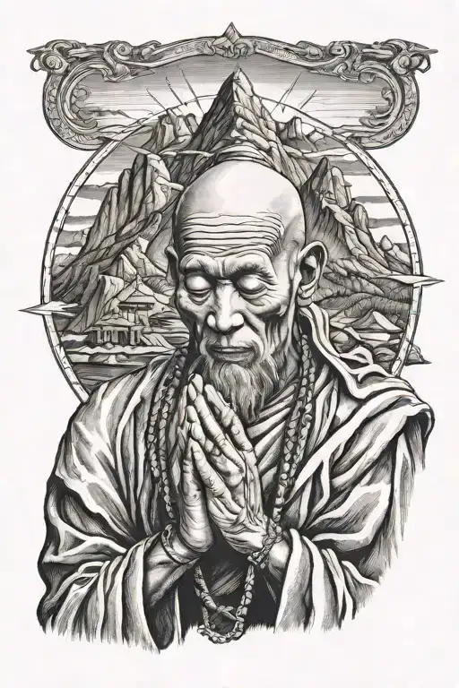 Monk Praying Hands Holding Rosary Head Covered Mountain Peak