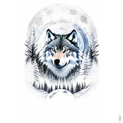 Wolve In The Forest With Full Moon And Northen Lights