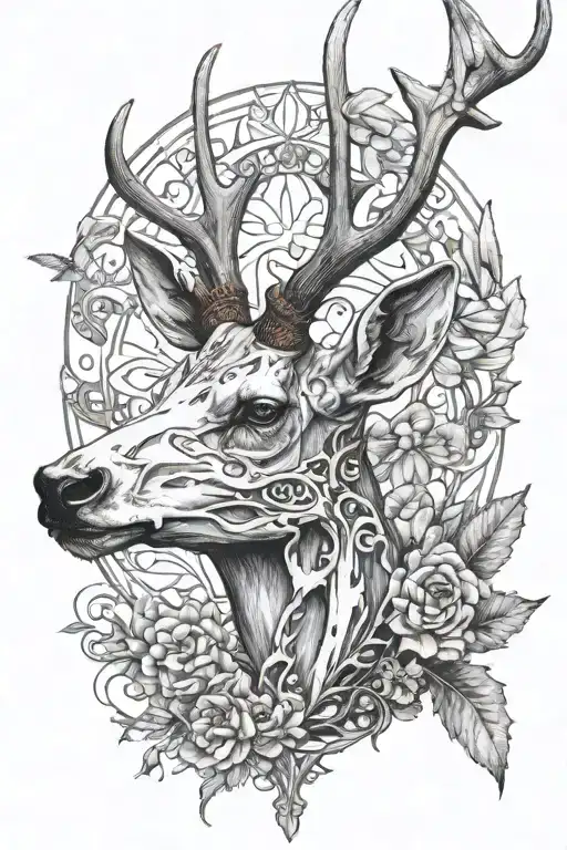 Black And Grey Deer Skull With Antlers And Birds Sitting On The Antlers