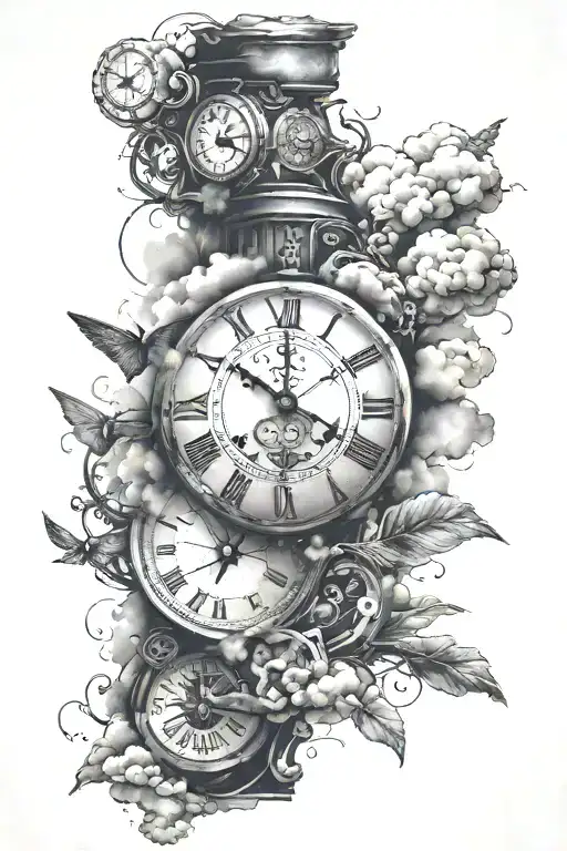 Man Tattoo On Arm With Rays Clouds Clock