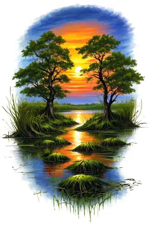 Trees Colors Sunset Over Swamp