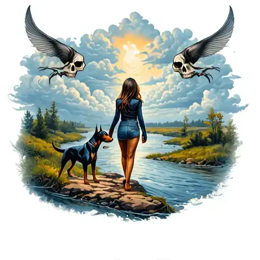 Girl Walking On A Path With A Doberman Along A River Filled With Fish With A Skull In The Clouds