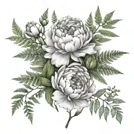 Delicate Peonies With Fern Branches