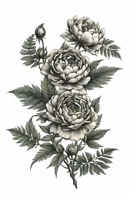 Delicate Peonies With Fern Branches