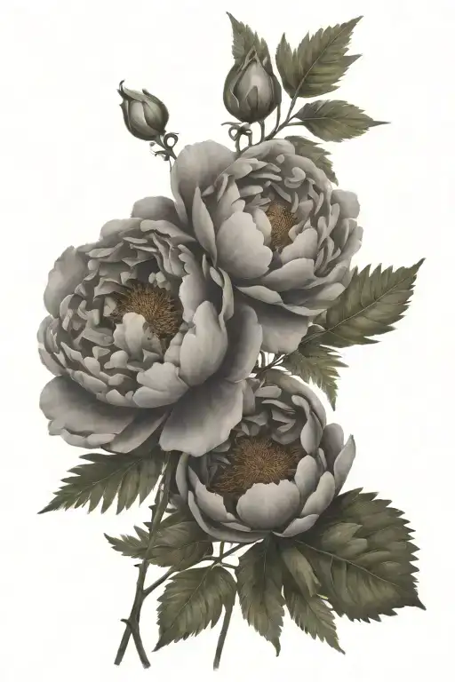 Delicate Peonies With Fern Branches