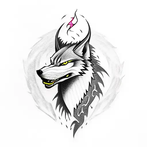 Half Dragon Half Wolf With Lightning Bolts