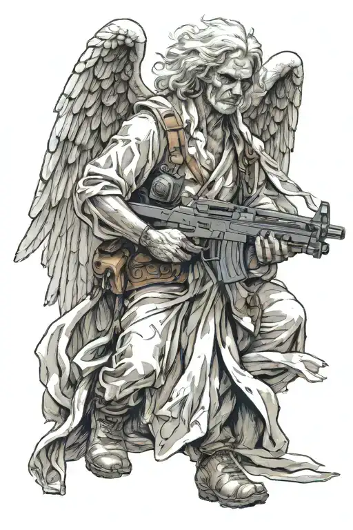Angel With Wing And Ak47 On His Hand And He Holds The Gun Up With A Robe On Him And Angry