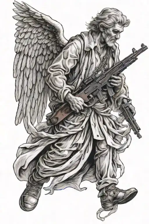 Angel With Wing And Ak47 On His Hand And He Holds The Gun Up With A Robe On Him And Angry