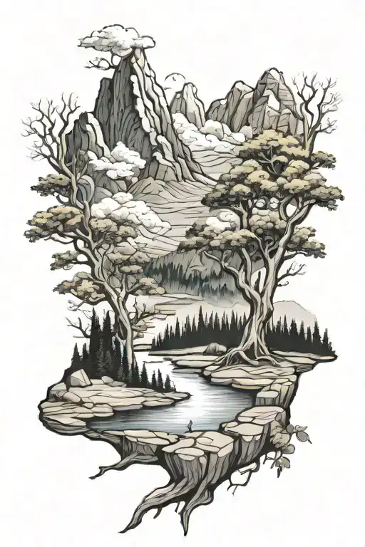 Tree And Mountains And River Flowing