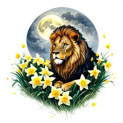 Lion Surrounded By Daffodils In A Moonlit Forrest