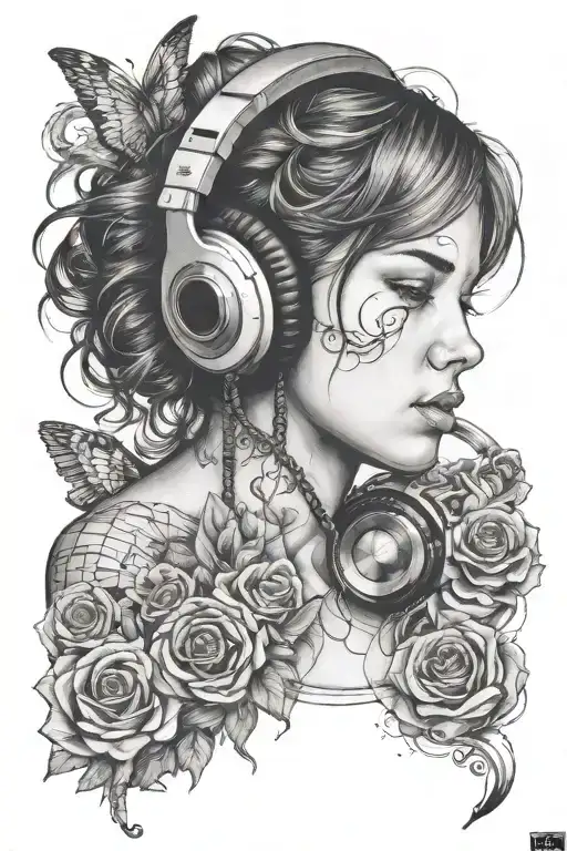 22 Year Old Woman With Headphones Listening To Music And Musical Notes Around Her