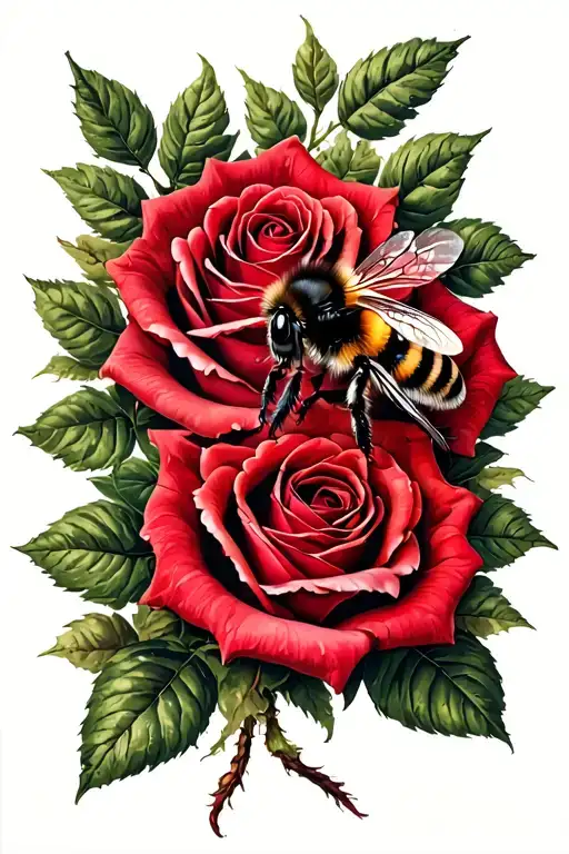 Red Roses Intertwined With Bumble Bee