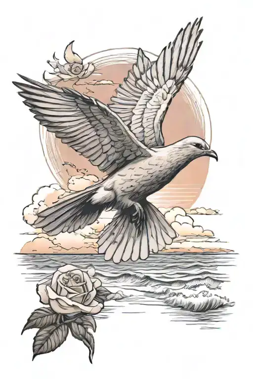 Rose Dove Flying On A Beach Sunset