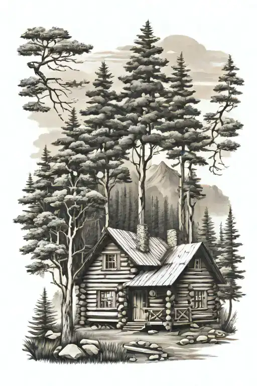 Log Cabin Surrounded With Trees Background Looking