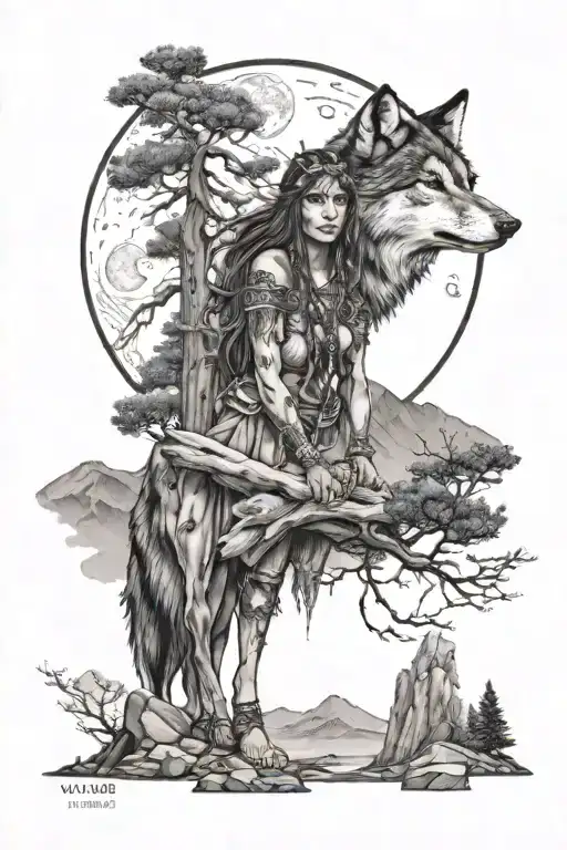 Shamanic Girl Wolf Moon Trees Mountain Range