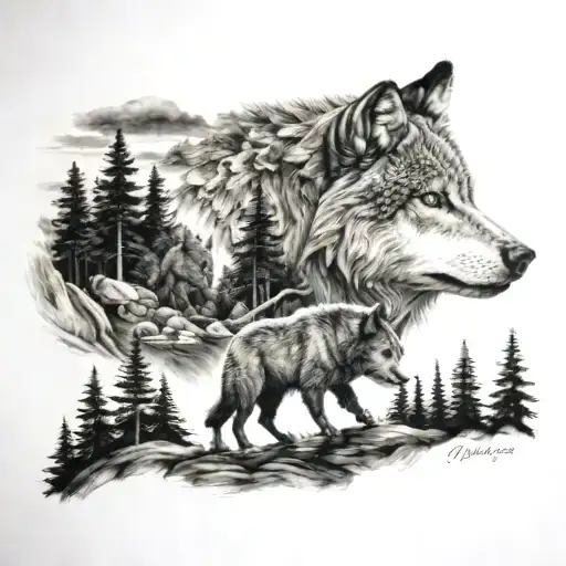 Wolf And Bear And Forest Filled Sky
