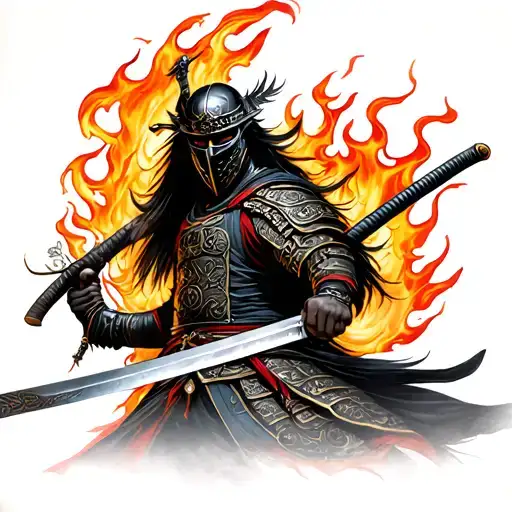 Dark Flame Samurai With Mask Wielding His Sword