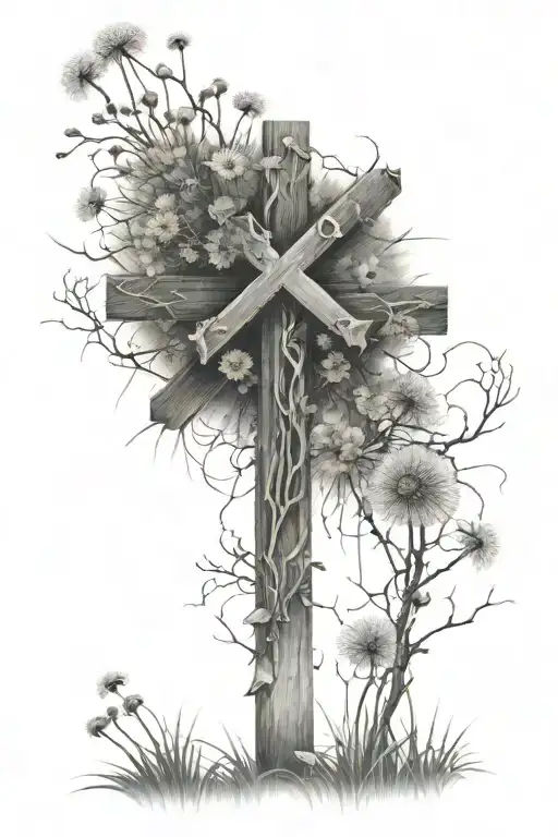 Cross Surrounded By Dandelion And Mushroom